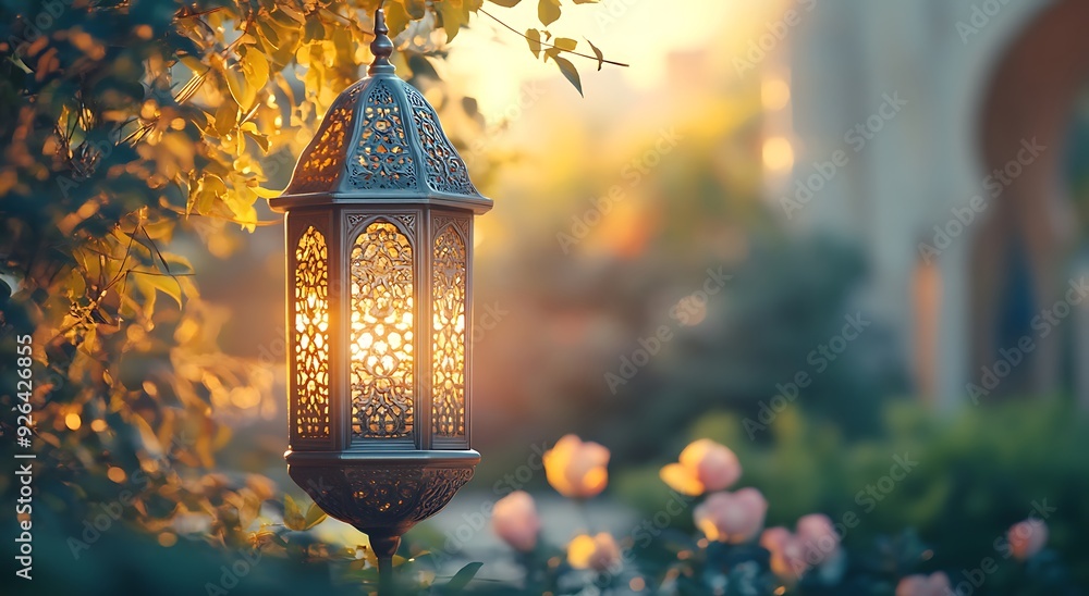 Eid Mubarak and Ramadan Kareem greetings with an Islam crescent, lantern, mosque banner backdrop Eid Mubarak and Ramadan Kareem greetings with an Islam crescent, lantern, mosque banner backdrop
