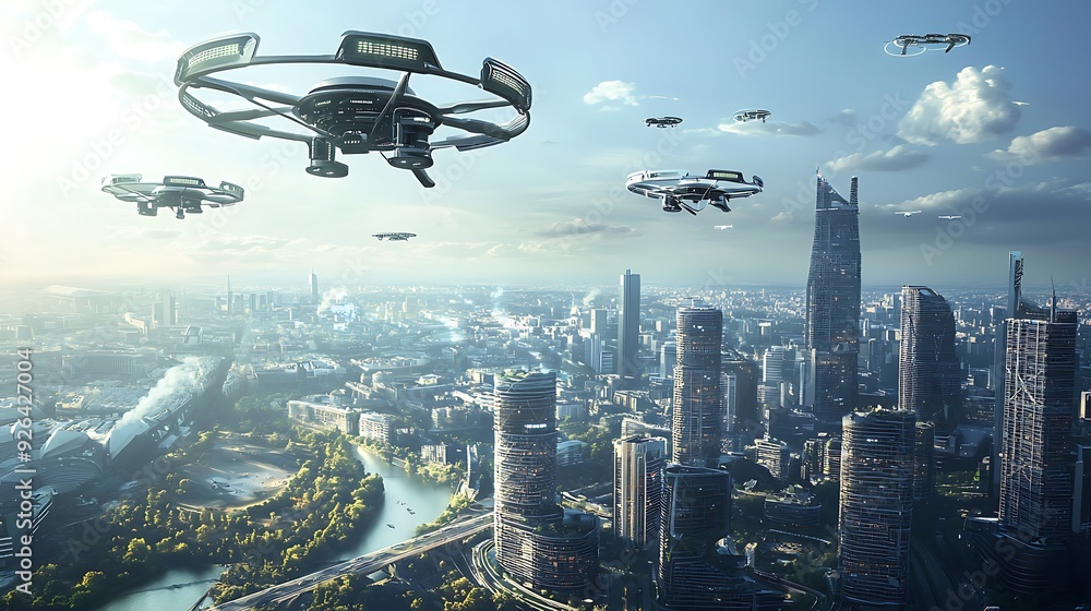A high-tech urban landscape with self-sustaining power grids and autonomous drones patrolling the skies A high-tech urban landscape with self-sustaining power grids and autonomous drones patrolling the skies