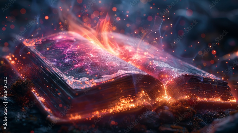 A magical tome, glowing softly as it floats, surrounded by swirling lights, set against a rich purple and blue background, filled with arcane knowledge.