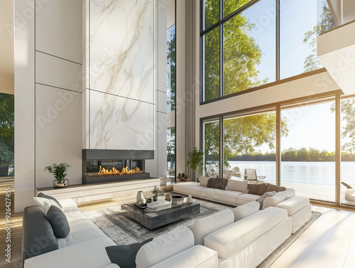 Luxury minimalist living room, with modern fire place, two floor high ceiling. Lake view outside the window. Spacious cozy sofa. photo