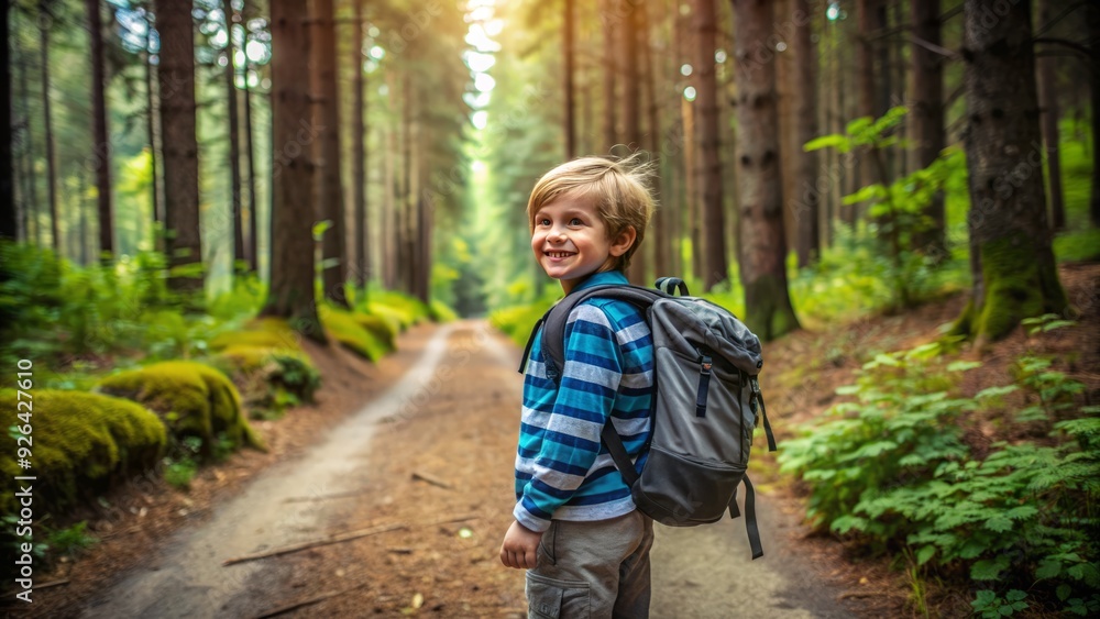 A curious little boy with a big backpack and a joyful smile walks alone on a scenic woodland trail surrounded by tall trees and lush greenery. A curious little boy with a big backpack and a joyful smile walks alone on a scenic woodland trail surrounded by tall trees and lush greenery.