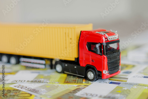 Toy truck on euro banknotes. Logistics, transportation concept. photo