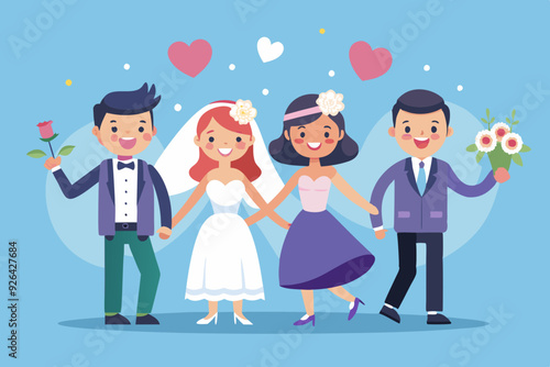 Set of characters bride and groom. Newlyweds dancing, holding hands, hugging
