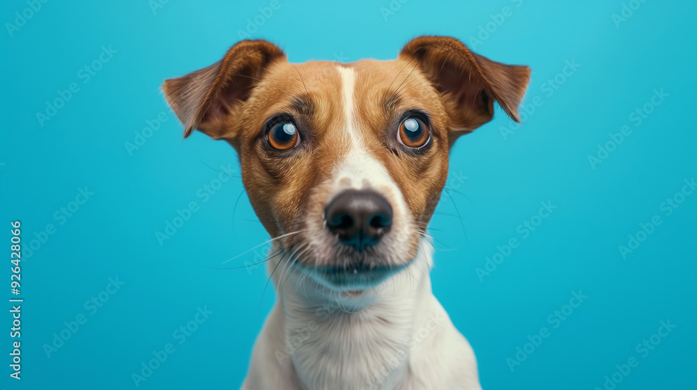 A portrait of a dog with big eyes on a blue background. The dog appears attentive and focused A portrait of a dog with big eyes on a blue background. The dog appears attentive and focused