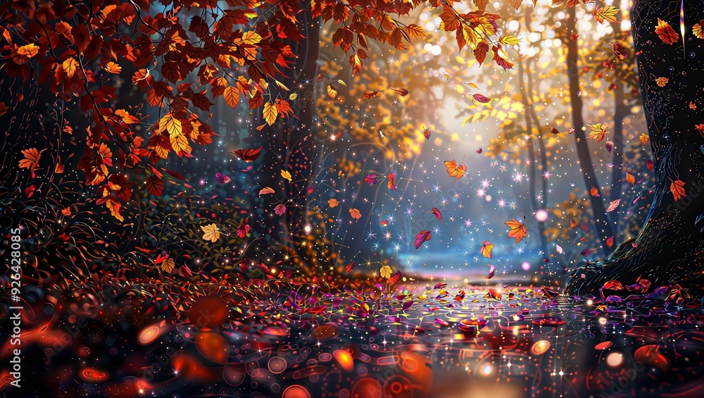 Fototapeta premium Autumn Forest Reflections. Enchanting forest scene with vibrant fall foliage, magical lights, and reflections in a shimmering puddle.