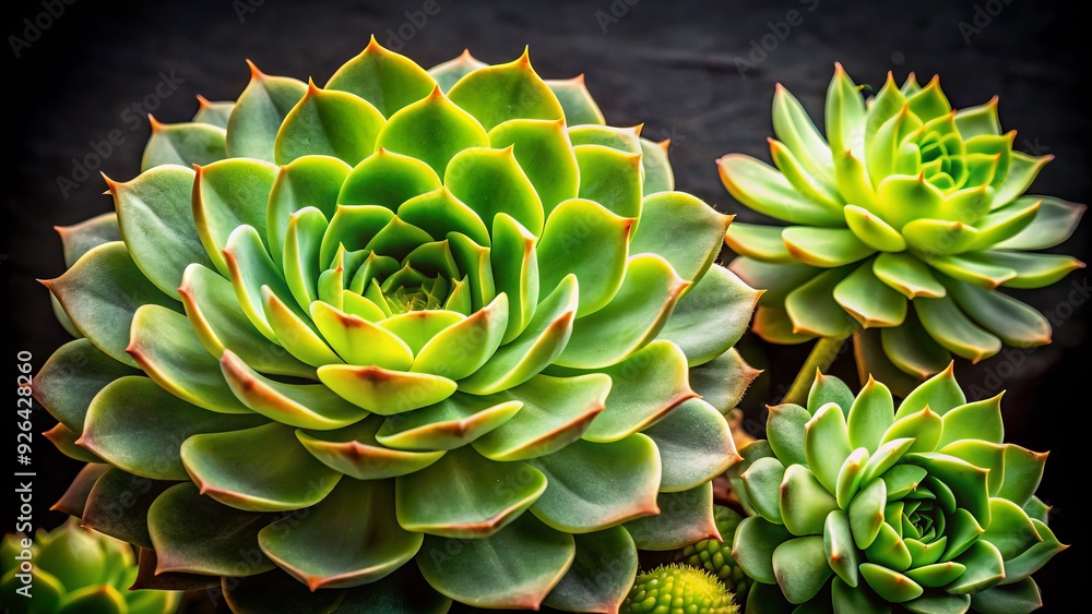 Fototapeta premium A delicate hen and chick succulent plant with intricate rosettes and plump leaves in shades of green and yellow, set against a dark background.