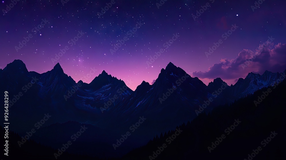 Rugged Mountain Range at Dusk with Jagged Peaks Silhouetted Against a Deep Purple and Blue Sky, and Stars Beginning to Twinkle. AI generated illustration Rugged Mountain Range at Dusk with Jagged Peaks Silhouetted Against a Deep Purple and Blue Sky, and Stars Beginning to Twinkle. AI generated illustration