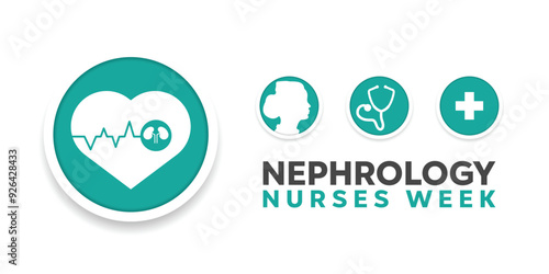 National Nephrology Nurses Week. Heart, kidney, nurse, stethoscope and plus icon. Great for cards, banners, posters, social media and more. White background.