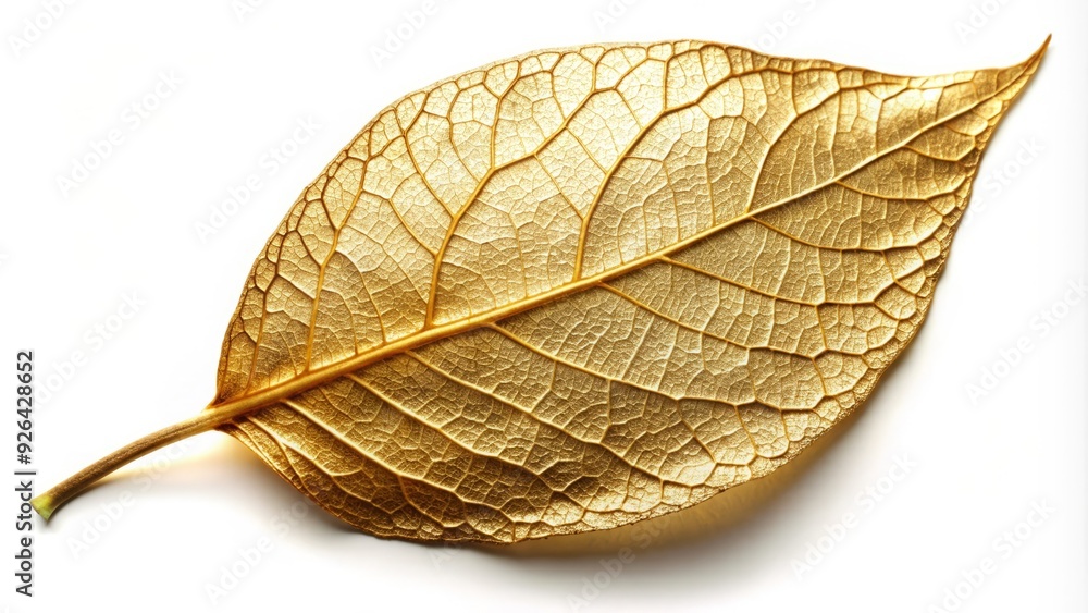 A delicate, smooth gold foil leaf with intricate veins and edges, glistening with a warm, luxurious light, isolated on a soft, pure white background. A delicate, smooth gold foil leaf with intricate veins and edges, glistening with a warm, luxurious light, isolated on a soft, pure white background.