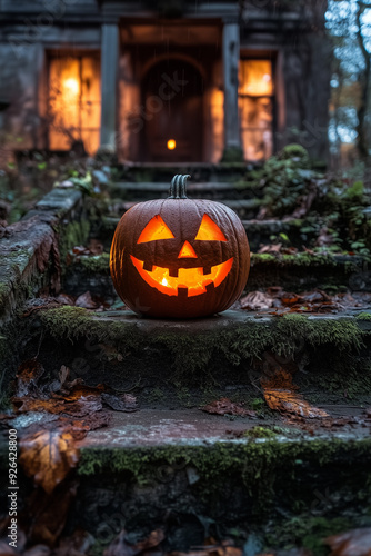 Wallpaper Mural Glowing jack-o-lantern sits ominously on the mossy steps of an eerily lit decrepit mansion setting a haunting Halloween scene Torontodigital.ca