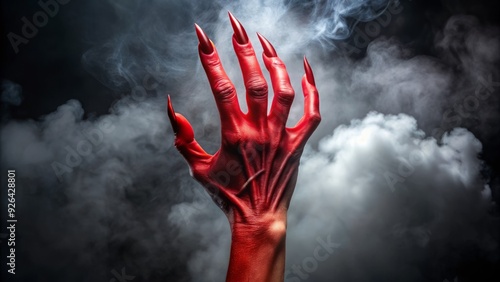 A demonic red-skinned hand with sharp claws and a pointed finger emerges from a dark, ominous background, symbolizing evil or temptation. photo