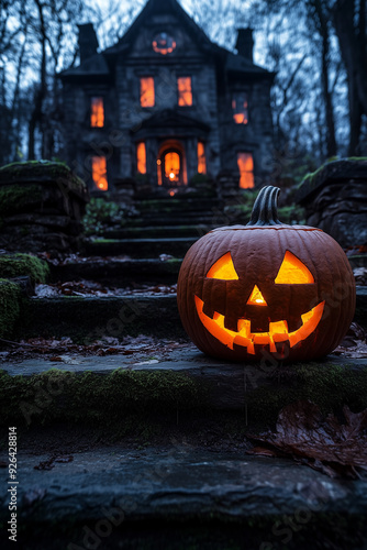 Wallpaper Mural Glowing jack-o-lantern sits ominously on the mossy steps of an eerily lit decrepit mansion setting a haunting Halloween scene Torontodigital.ca