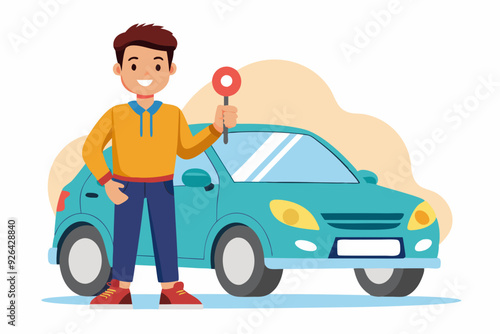 Man stands next to a new car and holds a key in his hand. Happy vehicle owner in white background

