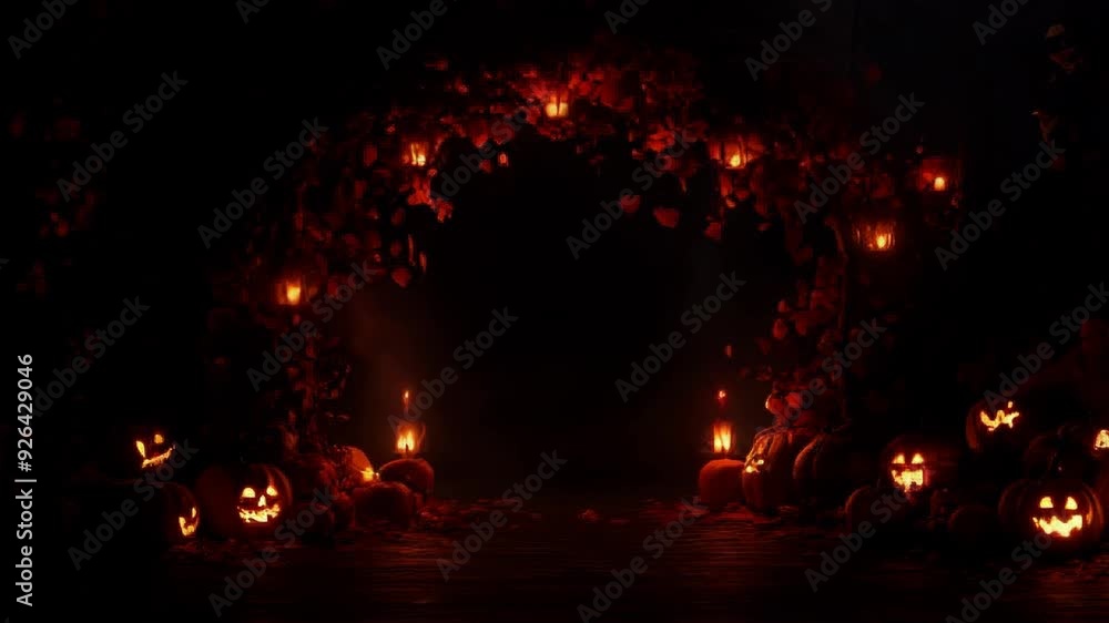 Enchanting archway with glowing jack-o'-lanterns and lanterns surrounded by autumn leaves. Halloween festive concept Enchanting archway with glowing jack-o'-lanterns and lanterns surrounded by autumn leaves. Halloween festive concept