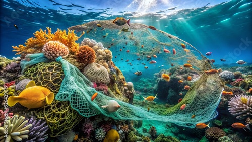 A devastating scene of plastic waste, discarded fishing nets, and microbeads entangled with seaweed and coral, harming marine life in a polluted ocean ecosystem. photo