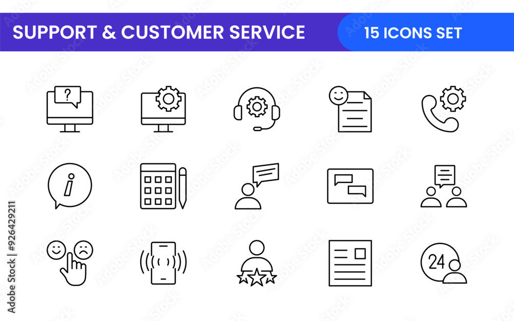 Support and customer service outline style modern icons set. Customer Feedback, Response, experience, helpline and technical support icon illustration Support and customer service outline style modern icons set. Customer Feedback, Response, experience, helpline and technical support icon illustration