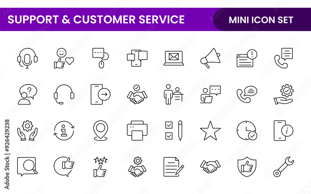 Support and customer service outline style modern icons set. Customer Feedback, Response, experience, helpline and technical support icon illustration Support and customer service outline style modern icons set. Customer Feedback, Response, experience, helpline and technical support icon illustration