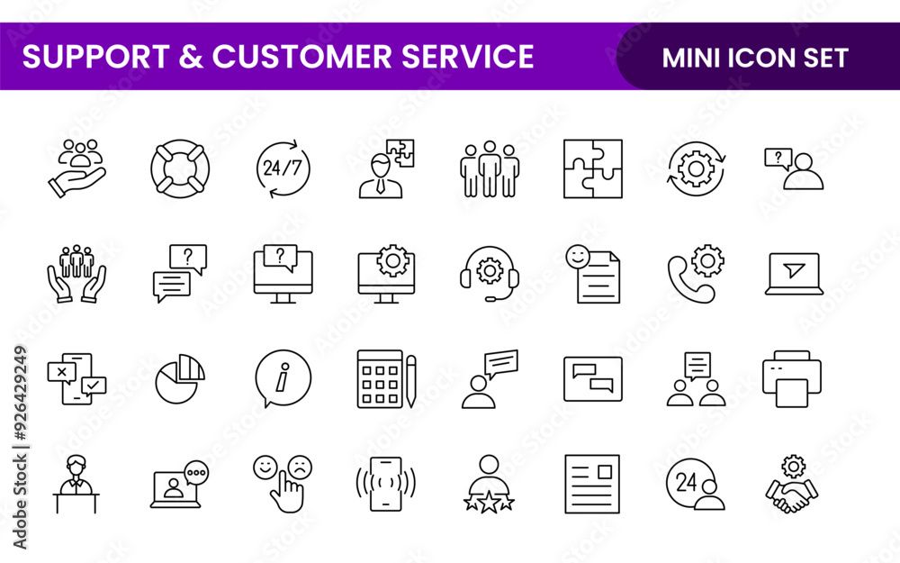 Support and customer service outline style modern icons set. Customer Feedback, Response, experience, helpline and technical support icon illustration Support and customer service outline style modern icons set. Customer Feedback, Response, experience, helpline and technical support icon illustration