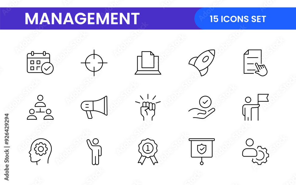 Business and office management Outline Icon Collection. marketing, strategy, teamwork, planning, business, training, office icons illustration.