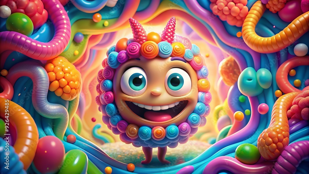 Adorable 3D illustration of a smiling intestine with big eyes and a cheerful expression, surrounded by colorful abstract shapes and whimsical details. Adorable 3D illustration of a smiling intestine with big eyes and a cheerful expression, surrounded by colorful abstract shapes and whimsical details.