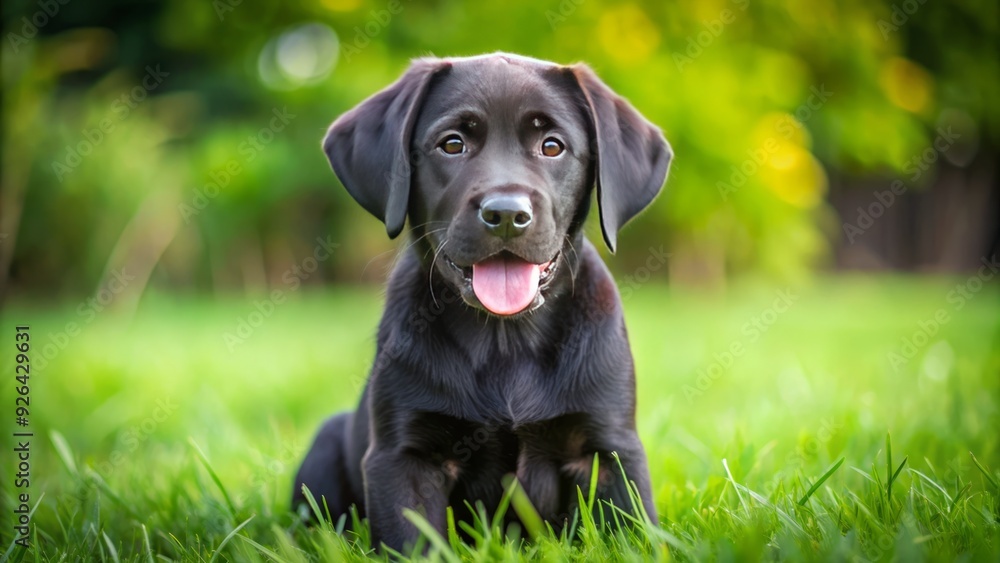 Adorable black Labrador Retriever puppy with floppy ears and curious brown eyes sits patiently on a green grassy lawn, tongue out, waiting for playtime. Adorable black Labrador Retriever puppy with floppy ears and curious brown eyes sits patiently on a green grassy lawn, tongue out, waiting for playtime.