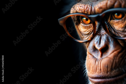Close-up of a chimpanzee wearing glasses, capturing its thoughtful expression and detailed facial features against a dark background.