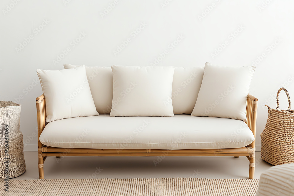 Eco-friendly bamboo sofa with neutral cushions, placed in a modern living room with natural light and textures Eco-friendly bamboo sofa with neutral cushions, placed in a modern living room with natural light and textures