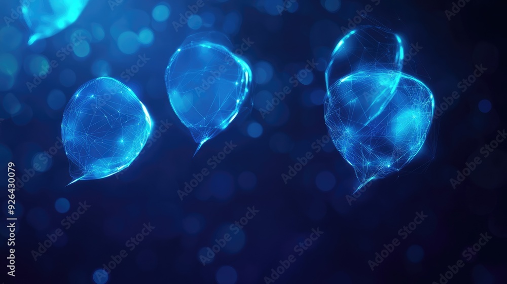 Glowing polygonal speech bubbles on a dark blue background, ideal for showcasing communication and virtual networking themes. Includes ample copy space for text and e-commerce concepts. Glowing polygonal speech bubbles on a dark blue background, ideal for showcasing communication and virtual networking themes. Includes ample copy space for text and e-commerce concepts.