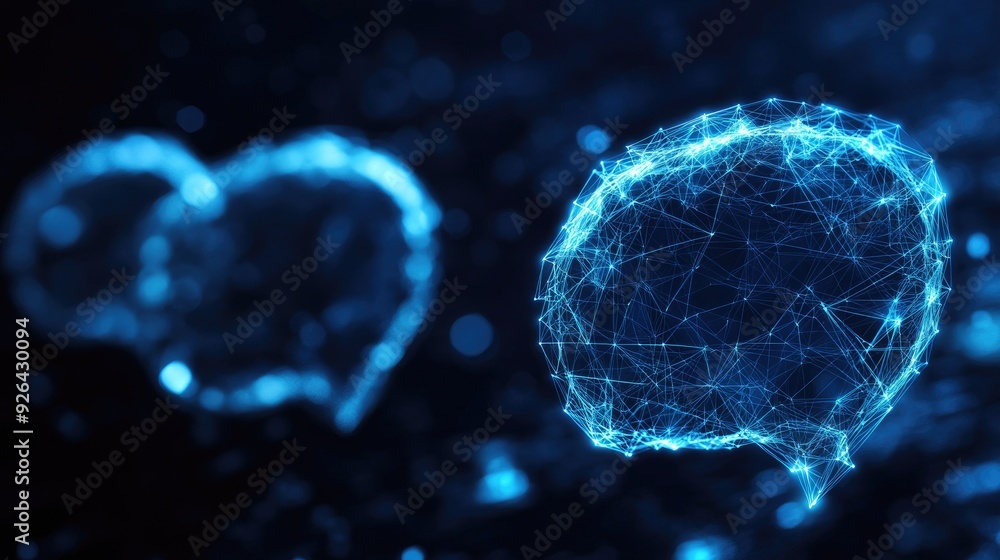Glowing polygonal speech bubbles on a dark blue background, ideal for showcasing communication and virtual networking themes. Includes ample copy space for text and e-commerce concepts. Glowing polygonal speech bubbles on a dark blue background, ideal for showcasing communication and virtual networking themes. Includes ample copy space for text and e-commerce concepts.