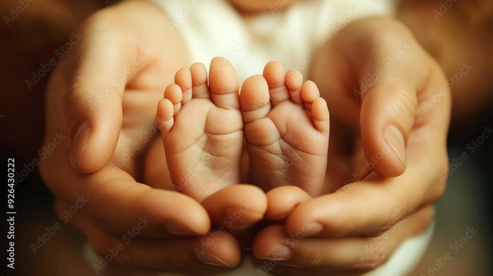 Parent s loving embrace infant s tiny legs cradled securely in protective palms Parent s loving embrace infant s tiny legs cradled securely in protective palms