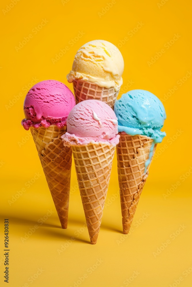 Colorful Ice Cream on Mockup Waffle Cones Against Yellow Background Colorful Ice Cream on Mockup Waffle Cones Against Yellow Background