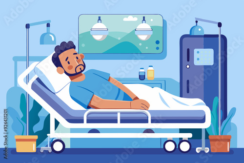 Sick man lies in bed in a ward in a hospital. Hospitalization of the patient
