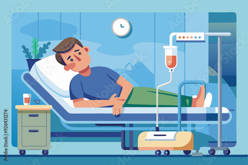 Sick man lies in bed in a ward in a hospital. Hospitalization of the patient
