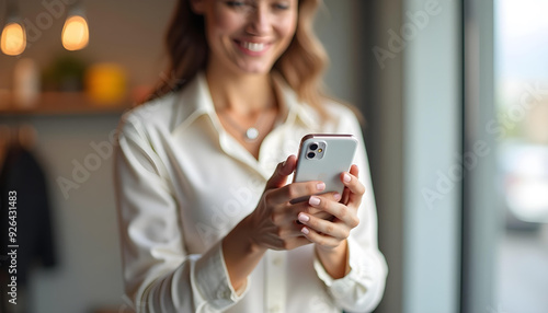 Woman smiling and using a smartphone, defocused background