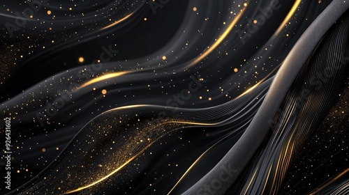 Luxurious 3D black background with flowing, wavy gold lines and subtle sparkle accents, ideal for a sophisticated template design with text space. -