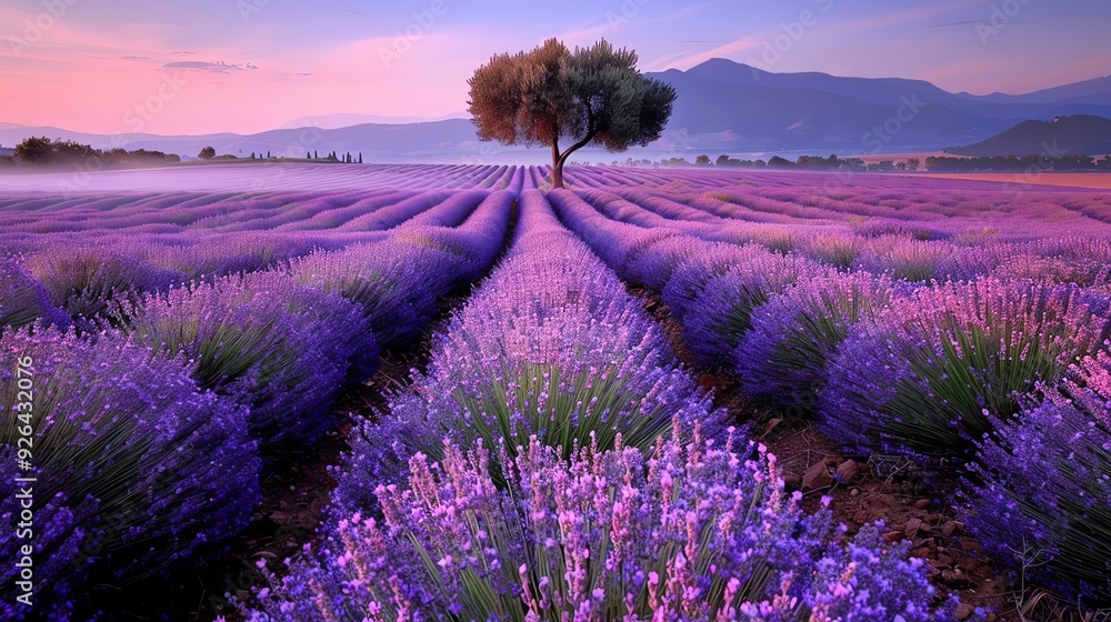 Obraz premium A single tree stands in a field of purple lavender flowers at sunrise.