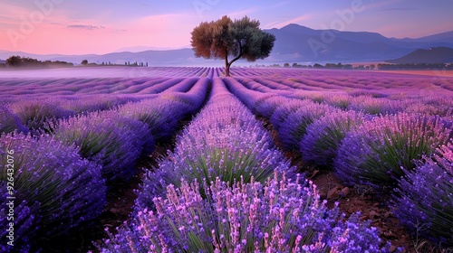 Wallpaper Mural A single tree stands in a field of purple lavender flowers at sunrise. Torontodigital.ca