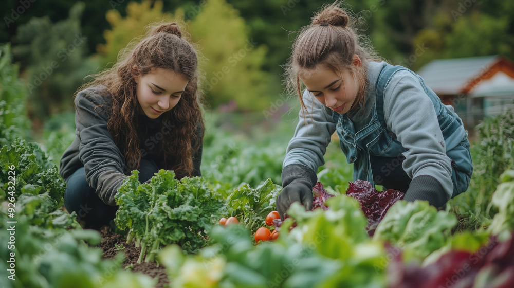 Two teenagers are deeply engaged in tending to an organic vegetable garden, surrounded by lush, green plants. Their focus and connection with nature Two teenagers are deeply engaged in tending to an organic vegetable garden, surrounded by lush, green plants. Their focus and connection with nature