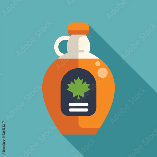 Glass jug containing maple syrup, adorned with a label showcasing a maple leaf design