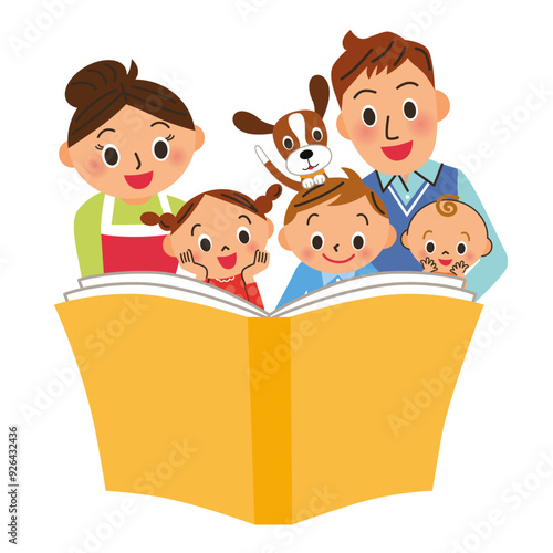 親子で子供達に読書をしている