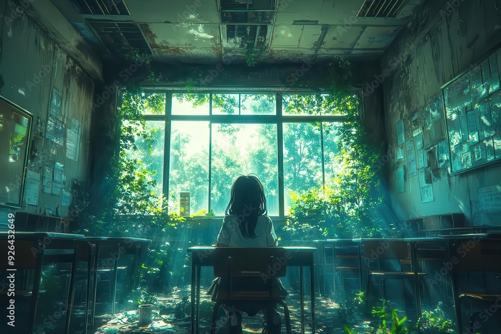 wistful classroom scene anime schoolgirl dozes peacefully at desk in empty room soft afternoon light streams through windows creating nostalgic atmosphere of fleeting youth wistful classroom scene anime schoolgirl dozes peacefully at desk in empty room soft afternoon light streams through windows creating nostalgic atmosphere of fleeting youth