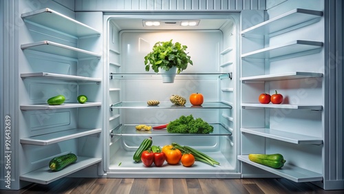 A barren refrigerator stands as a testament to restrictive eating, with sparse shelves and a few wilted vegetables, symbolizing the struggles of extreme dieting.