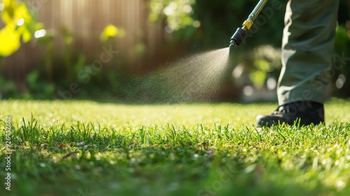 Pest control specialist spraying pesticide on green lawn for effective outdoor pest management photo