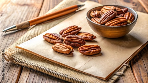 A beautifully arranged still life of pecan halves and a vintage pencil lying across a partially completed sketchbook page with delicate pencil drawings.