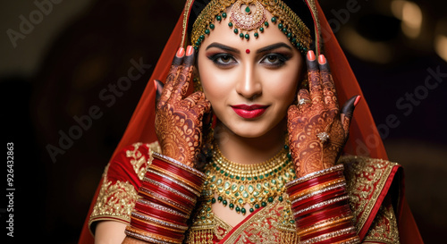 Portrait of a Indian woman bride in traditional Indian attire and mehndi art on her hand.
