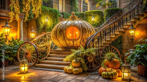 A beautifully lit, ornate pumpkin carriage sits atop a lavish staircase, surrounded by lush greenery and golden decorations, evoking a magical fairy tale atmosphere. photo