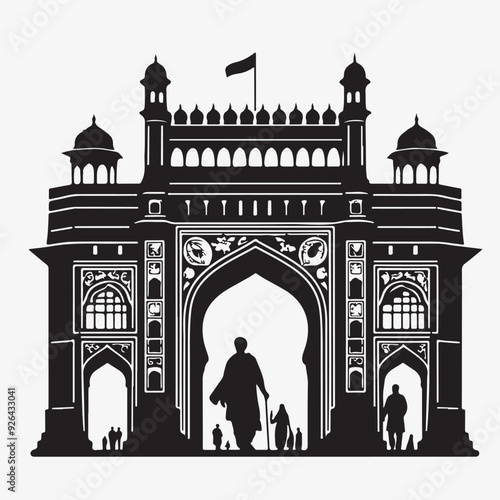 A striking vector illustration of india gate perched majestically, its intricate plumage rendered in elegant black and white