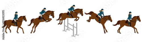 Show jumping, equestrian sports. Horse rider and horse, jumping in barrier. Vector illustration
