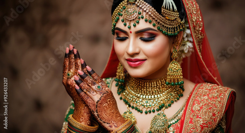 Portrait of a Indian woman bride in traditional Indian attire and mehndi art on her hand.