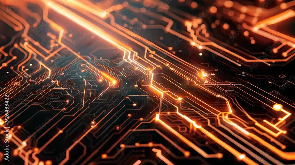 Futuristic circuit board with glowing orange lights representing technology, innovation, and connectivity in a modern digital world. Futuristic circuit board with glowing orange lights representing technology, innovation, and connectivity in a modern digital world.